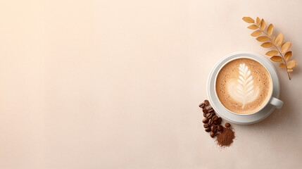 Latte Art on Soft Pastel: A serene overhead view showcases a meticulously crafted latte art design within a pristine white cup.