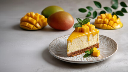 Mango Cheesecake Delight: A slice of heavenly mango cheesecake, adorned with ripe mango cubes and mint leaves, is presented on an elegantly patterned plate, a gourmet experience.