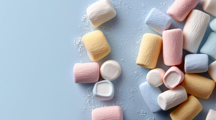 Sweet Marshmallow Medley: An appealing medley of fluffy, pastel-colored marshmallows scattered on a light blue surface, inviting the viewer's eye to experience the sweet charm of simple treats.