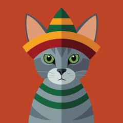 Gray tabby cat wearing a vibrant sombrero