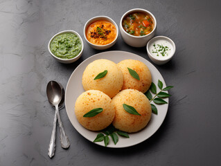 Idli with accompaniments: An appetizing image showcasing the popular South Indian breakfast, idli, paired with a variety of vibrant and flavorful accompaniments.