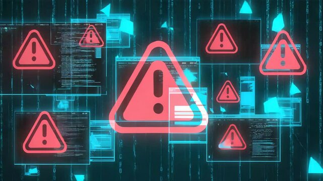 Digital animation illustrating a cybersecurity breach with warning signs, code windows, and data vulnerability in a futuristic virtual environment. - Powered by Adobe