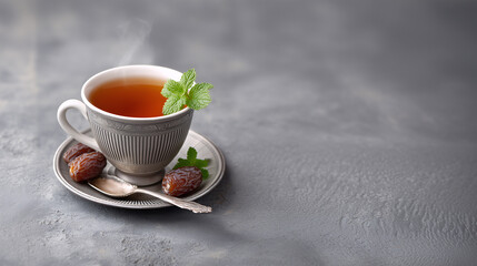 Steaming Cup of Herbal Tea: A delicate teacup filled with fragrant herbal tea, adorned with a sprig of fresh mint, rests elegantly on a saucer alongside a few dates