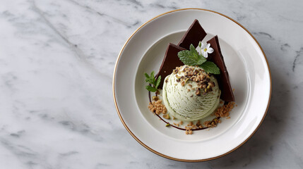 Mint Chocolate Delight: Indulge in a visually stunning dessert with mint ice cream, chocolate, and a touch of nature's elegance. A refreshing treat on a minimalist plate.