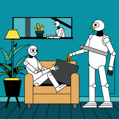Robot Assistants in Daily Life – Futuristic Vector Illustration of AI Helping Humans