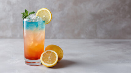 Tropical layered cocktail: a vibrant tropical layered cocktail on table.