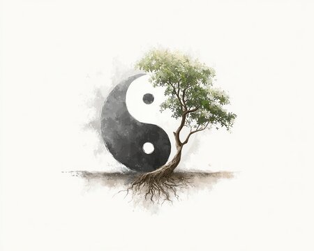 yin yang symbol with tree and roots, representing nature balance and spiritual grounding, flat vector in calm monochrome tones, Zen concept