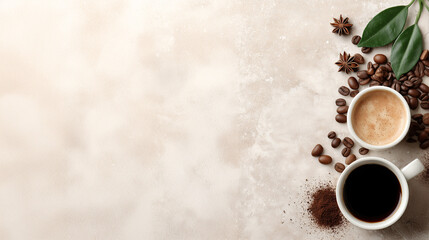 Coffee Break Bliss: Two cups of coffee, one black and one with milk, amidst roasted beans and spices on a textured surface. Inviting pause and simple joy.