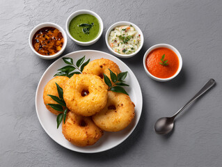 Medu Vada with Chutneys: A delectable plate of crispy Medu Vada, a South Indian savory snack, is presented with an assortment of vibrant chutneys, offering a delightful culinary experience. 