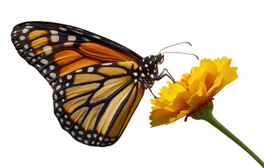 Obraz premium A realistic photograph of a Monarch butterfly flying next to a yellow flower on a transparent background