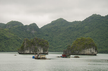 February 25, 2024, Lan Ha Bay: Settlement of fishermen. Cat Ba Archipelago. Vietnam.