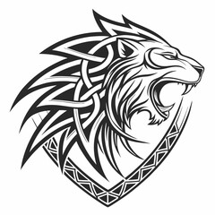 Fierce Lion Face Vector with Abstract Tribal Pattern.