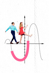 Sketch image artwork composite 3D photo collage of couple young lady man retro style outfit walk...