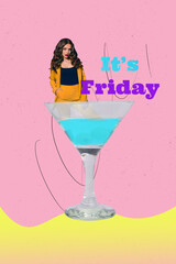 Banner sketch pop artwork collage of happy girl guy dance weekend chill night club martini glass bar occasion celebration birthday