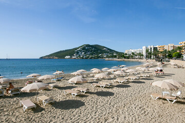 Ibiza, Spain; 1st June 2025: Beautiful main beach of Santa Eulalia del Rio in the southeastern part...