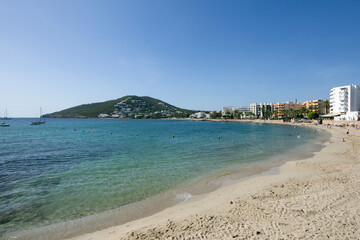Ibiza, Spain; 1st June 2025: Beautiful main beach of Santa Eulalia del Rio in the southeastern part...