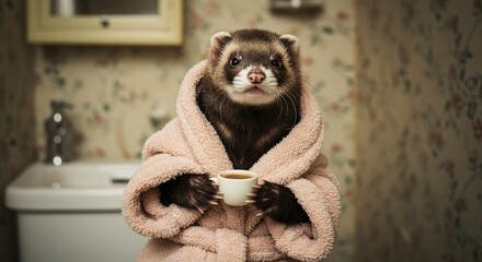 Fototapeta premium A ferret in a dressing gown holding a coffee cup, in a bathroom setting. Cute, funny