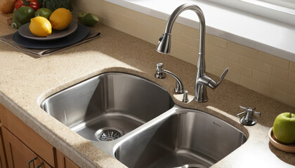 Contemporary home bathroom interior with modern chrome faucet over a clean ceramic basin