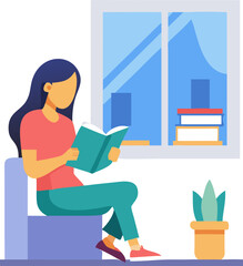 Woman Reading a Book by the Window – Relaxation, Learning, and Peaceful Lifestyle Illustration