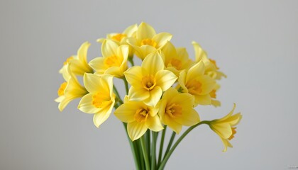elegant cluster of freesias in a minimalist style, with butter yellow and mint tones, smooth curves, balanced composition, modern aesthetic, high resolution