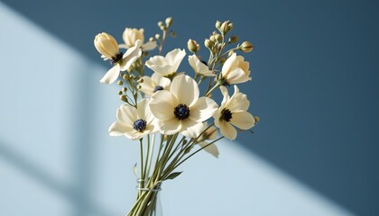 elegant cluster of flax flowers in a minimalist style, with cobalt and pale cream tones, smooth curves, balanced composition, modern aesthetic, high resolution