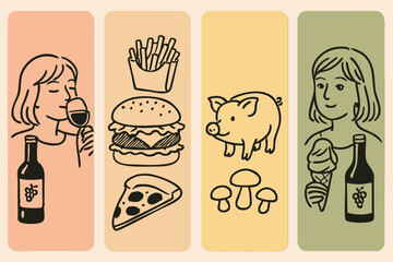 Four illustrations depicting diverse people enjoying various meals together in a lively dining setting.