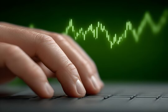 Close-up of hand typing on laptop with digital data visualization