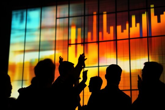 Audience Applauding in Front of Colorful Financial Chart Display