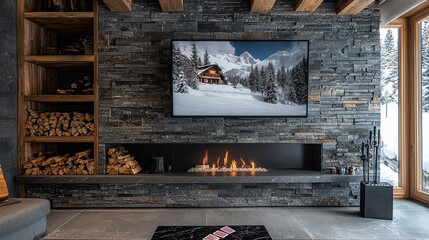 Stone fireplace with open front, large TV mounted above, dark gray tiled wall, wooden shelf, black firewood stand, and black marble base in front