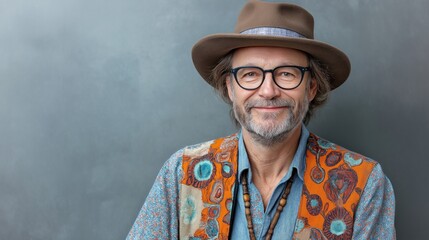 Stylish middle-aged bearded man wearing glasses and hat smiles warmly in bohemian vest, exuding creative charm and artistic personality