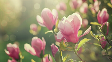Vintage flower postcard with beautiful flowers in the garden. Background ofmagnolia