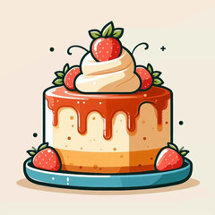 Cartoon cake round light orange with glaze cream swirl strawberries on a blue plate