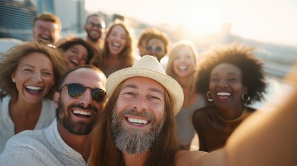 A joyful group of friends capturing a selfie against a city backdrop at sunset.