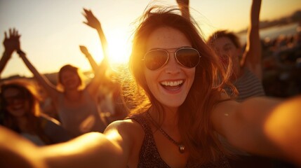 A joyful group of friends captures a fun moment together in the city at sunset.
