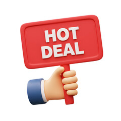 3D illustrator hot deal sign held by hand icon on transparency background for e-commerce, online marketing banner designs concept. 