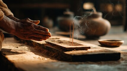 Serene hands in prayer pose, surrounded by incense smoke in a tranquil setting.