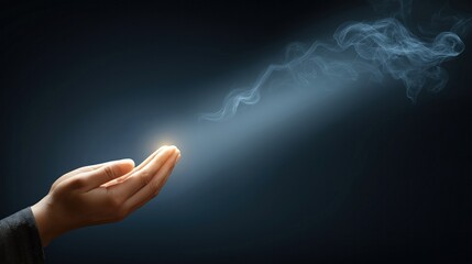 Serene hands in prayer pose, surrounded by soft incense smoke and gentle light.