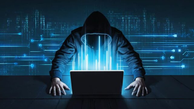 A hooded hacker at a laptop with digital data flow visuals, symbolizing cyberattack, hacking, and digital security breaches.