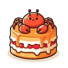 Cartoon cake with a crab on top featuring layers of sponge cream and cherries covered in dripping caramel