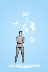 Trend artwork banner sketch photo collage of environmental awareness protection activist young lady stand cyberspace world map connection