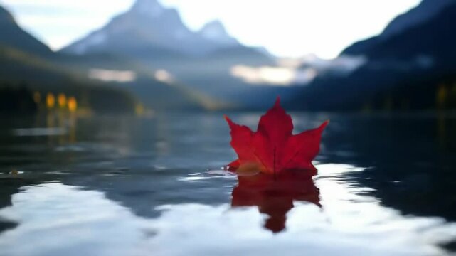 Red maple leaf floating on calm lake with mountain background