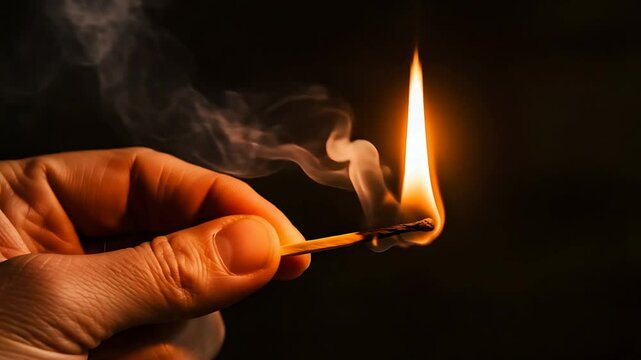 Macro shot sequence of a human hand holding a lit matchstick with smoke trails