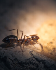 Macro photograph of a single ant feeding on a drop of honey or nectar in a natural environment. The image highlights intricate details of the ant’s body structure—its segmented legs, antennae.