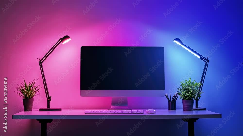 Poster modern workspace with colorful ambient lighting and sleek computer setup