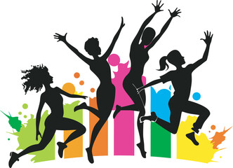 A collection of stylized illustration depicting young people enjoying activities such as listening to music, dancing, and engaging with digital media, reflecting modern leisure