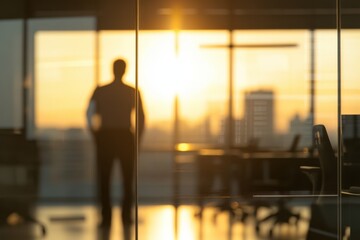 Businessman Contemplating Sunrise Through Office Glass Window