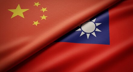 Close-Up of China and Taiwan's Flags Textured Fabric Detail