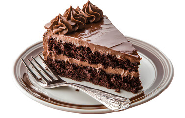 A slice of chocolate cake on a plate with a fork, isolated against a transparent background