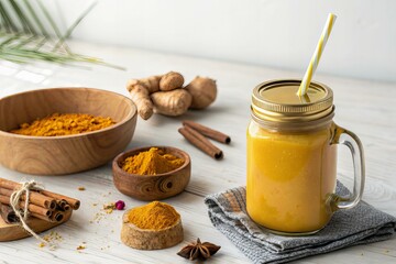 Golden Turmeric Juice in Glass Jar – Healthy Anti-Inflammatory Drink on Minimal Background