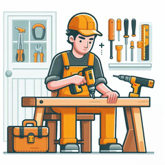 Cartoon carpenter with power drill workbench tools